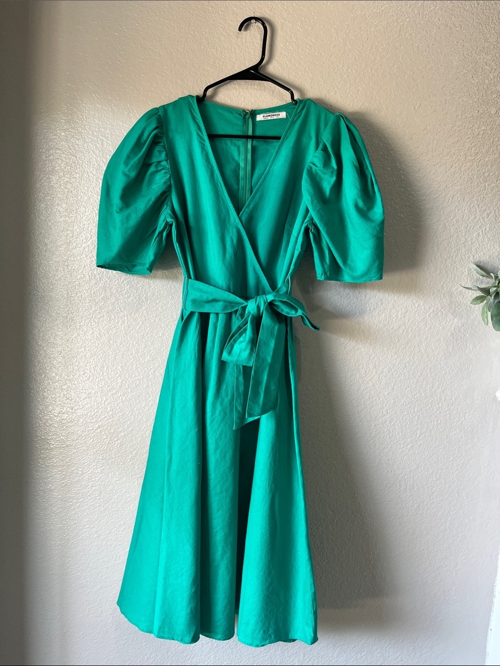 Glamorous Teal Wrap Midi Dress Puff Sleeves V Neck Sz 6 Boho Chic Resort